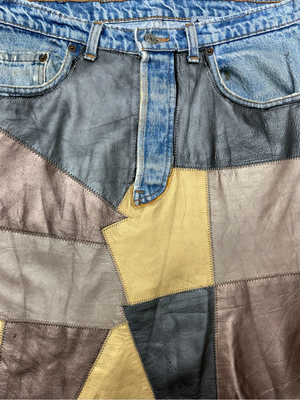 Vintage Leather Patchwork Skirt Upcycled Levi’s 501 Denim Jeans Size 12 - Picture 13 of 16